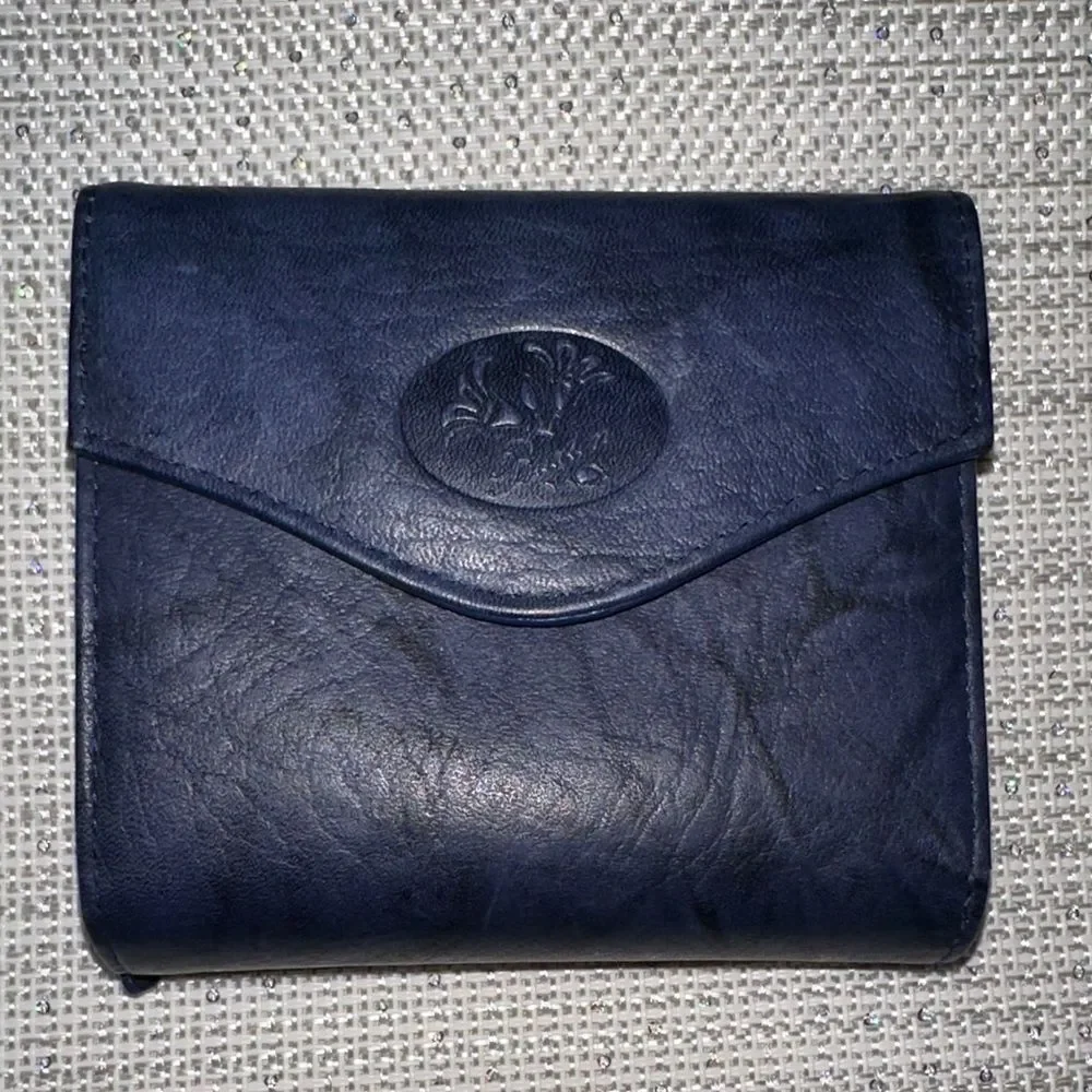 Julia Buxton Navy Blue Heiress leather convertible RFID blocking billfold wallet